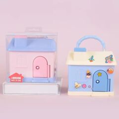 EV TASARIM ÇOCUK KUMBARA ANAHTARLI MAVİ RENK (STİCKER HEDİYELİ)