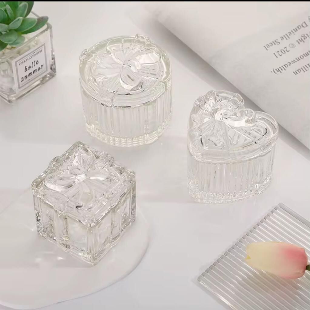 3'LÜ FİYONK MODEL KAPAKLI CAM KUTU ŞEKERLİK KARE-YUVARLAK-KALP