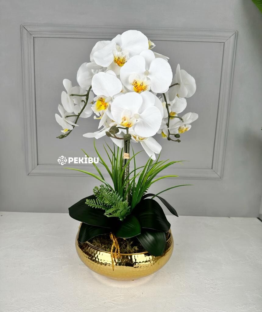 DARBELİ GOLD UFO SAKSIDA 3 DAL ORKİDE ARANJMANI