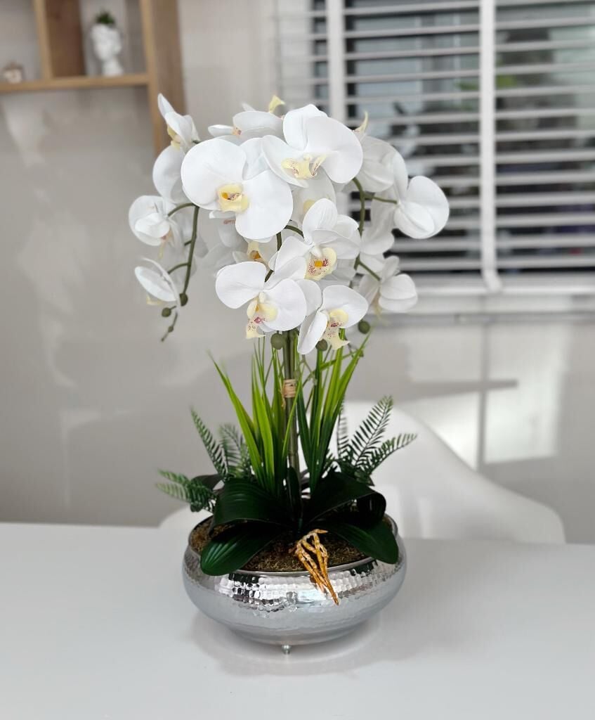 DARBELİ GÜMÜŞ UFO SAKSIDA 3 DAL ORKİDE ARANJMANI