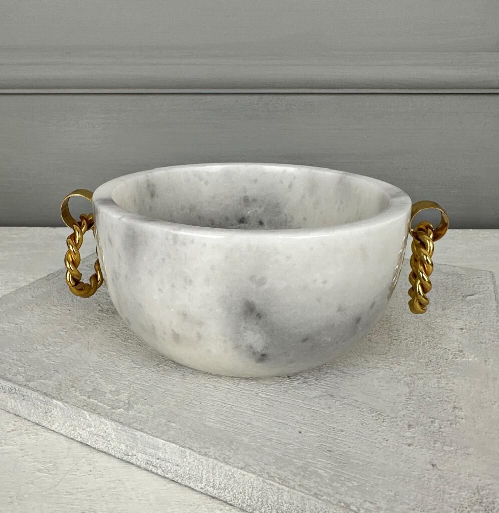 GOLD ZİNCİR KULPLU YUVARLAK MERMER SAKSI BEYAZ 15 CM