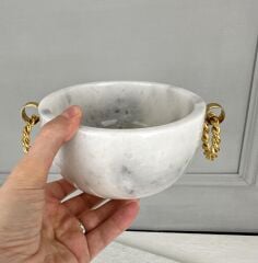 GOLD ZİNCİR KULPLU YUVARLAK MERMER SAKSI BEYAZ 15 CM