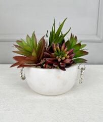 GÜMÜŞ ZİNCİR KULPLU YUVARLAK MERMER SAKSI BEYAZ 15 CM