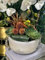 GÜMÜŞ ZİNCİR KULPLU YUVARLAK MERMER SAKSI BEYAZ 15 CM