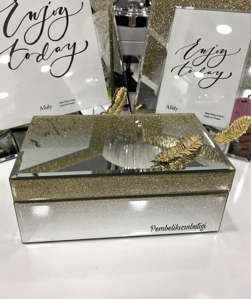 AYNALI MÜCEVHER KUTUSU YAPRAK GOLD 13X21X9 CM