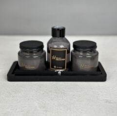 TEPSİLİ MUM VE KOKU SETİ SİYAH MİSTY FOREST