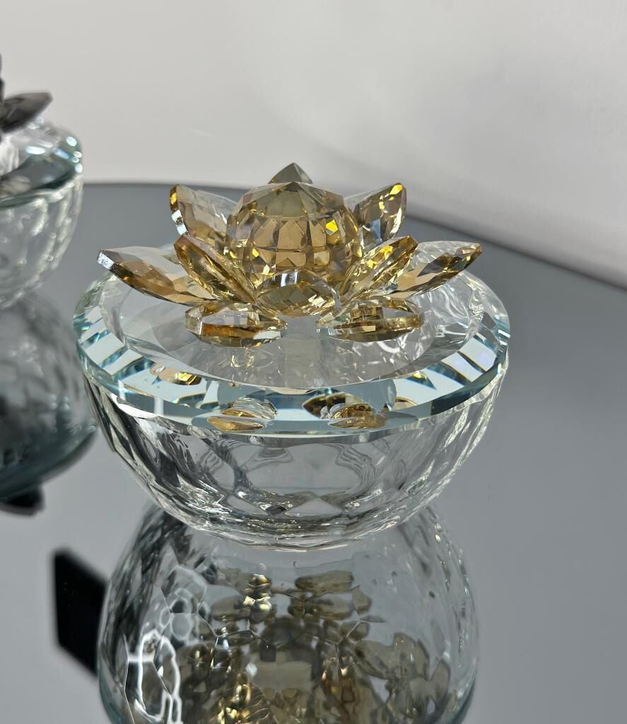 KRİSTAL KAPAKLI NİLÜFER CAM MÜCEVHER KUTU ŞEKERLİK GOLD