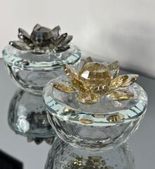 KRİSTAL KAPAKLI NİLÜFER CAM MÜCEVHER KUTU ŞEKERLİK GOLD