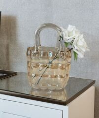 LÜKS ÇANTA MODEL VAZO DEKOR GOLD 22 CM (2 ADET YAPAY GÜL HEDİYELİ)