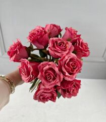 LÜKS DOKULU 11'Lİ YAPAY GÜL BUKETİ KOYU PEMBE