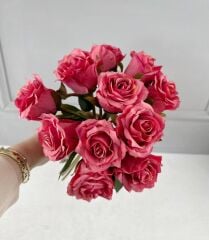 LÜKS DOKULU 11'Lİ YAPAY GÜL BUKETİ KOYU PEMBE