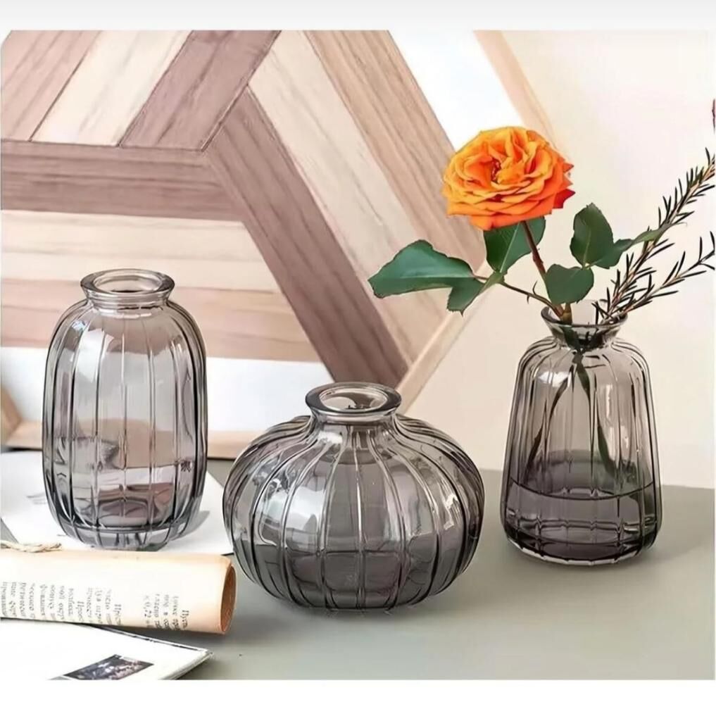 3'LÜ MİNİMALİST DEKORATİF CAM ŞİŞE VAZO SETİ FÜME