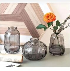 3'LÜ MİNİMALİST DEKORATİF CAM ŞİŞE VAZO SETİ FÜME