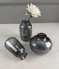 3'LÜ MİNİMALİST DEKORATİF CAM ŞİŞE VAZO SETİ FÜME