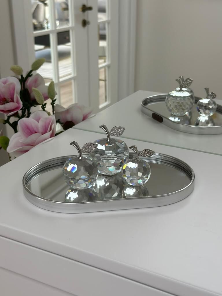 OVAL MODEL AYNALI SUNUM TEPSİ DEKOR GÜMÜŞ 25 CM