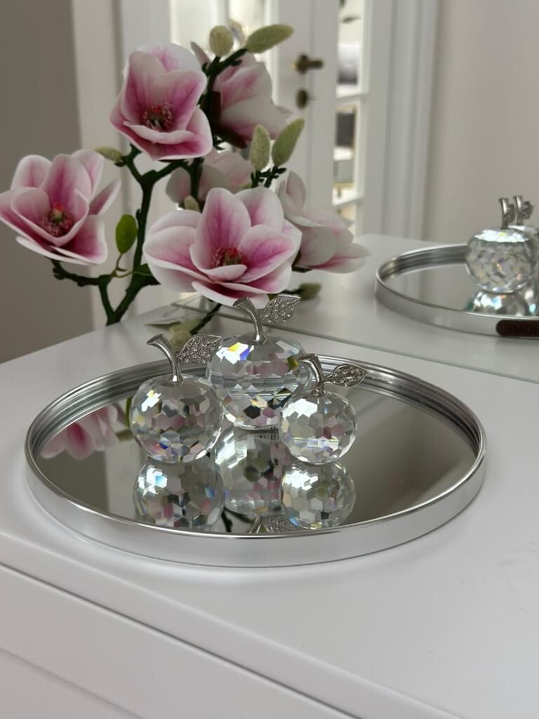 YUVARLAK MODEL AYNALI SUNUM TEPSİ DEKOR GÜMÜŞ 25 CM