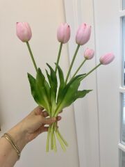 5'Lİ PREMİUM KALİTE YAPAY ISLAK LALE BUKETİ AÇIK PEMBE