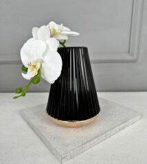 ÇİZGİLİ METAL VAZO SİYAH GOLD ORTA