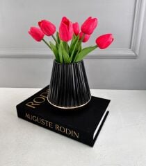 ÇİZGİLİ METAL VAZO SİYAH GOLD KÜÇÜK