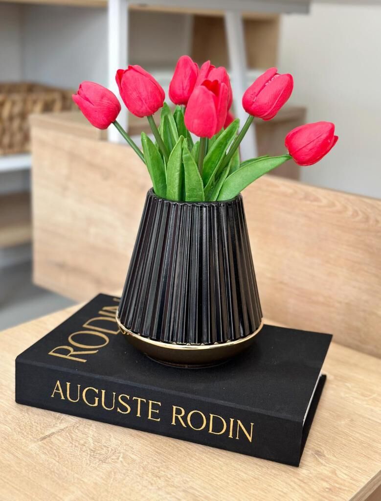 ÇİZGİLİ METAL VAZO SİYAH GOLD KÜÇÜK