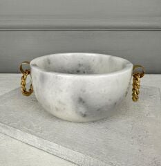 GOLD ZİNCİR KULPLU YUVARLAK MERMER SAKSI BEYAZ 15 CM