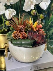 GOLD ZİNCİR KULPLU YUVARLAK MERMER SAKSI BEYAZ 15 CM