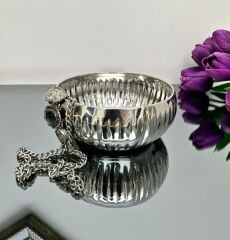 LÜKS MİNİ PASLANMAZ ÇELİK SAKSI KASE ÇİZGİ DESEN GÜMÜŞ 12 CM