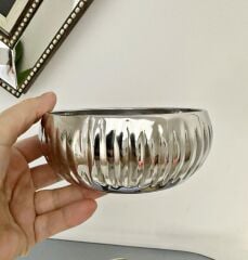 LÜKS MİNİ PASLANMAZ ÇELİK SAKSI KASE ÇİZGİ DESEN GÜMÜŞ 12 CM
