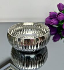 LÜKS MİNİ PASLANMAZ ÇELİK SAKSI KASE ÇİZGİ DESEN GÜMÜŞ 12 CM
