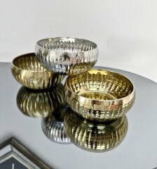 LÜKS MİNİ PASLANMAZ ÇELİK SAKSI KASE ÇİZGİ DESEN GÜMÜŞ 12 CM