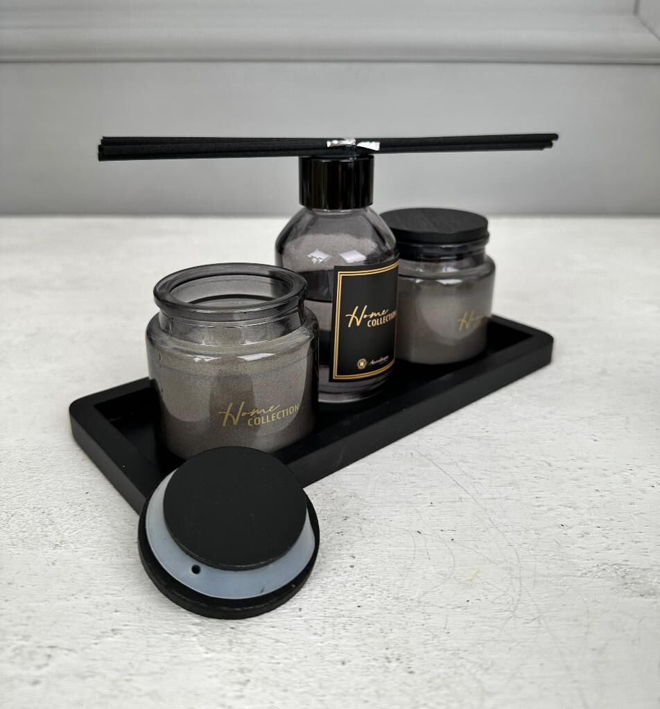 TEPSİLİ MUM VE KOKU SETİ SİYAH MİSTY FOREST