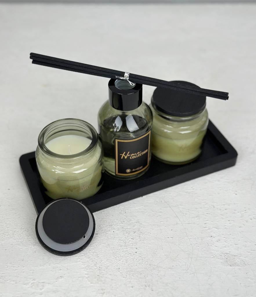 TEPSİLİ MUM VE KOKU SETİ YEŞİL OSMANTHUS GREEN TEA